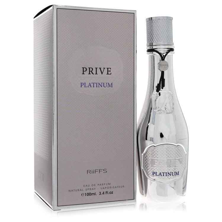 Riiffs Prive Platinum Eau De Parfum Spray for Men, 3.4 oz bottle with sleek design and elegant branding.