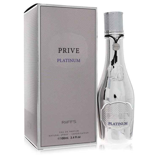 Riiffs Prive Platinum Eau De Parfum Spray for Men, 3.4 oz bottle with sleek design and elegant branding.