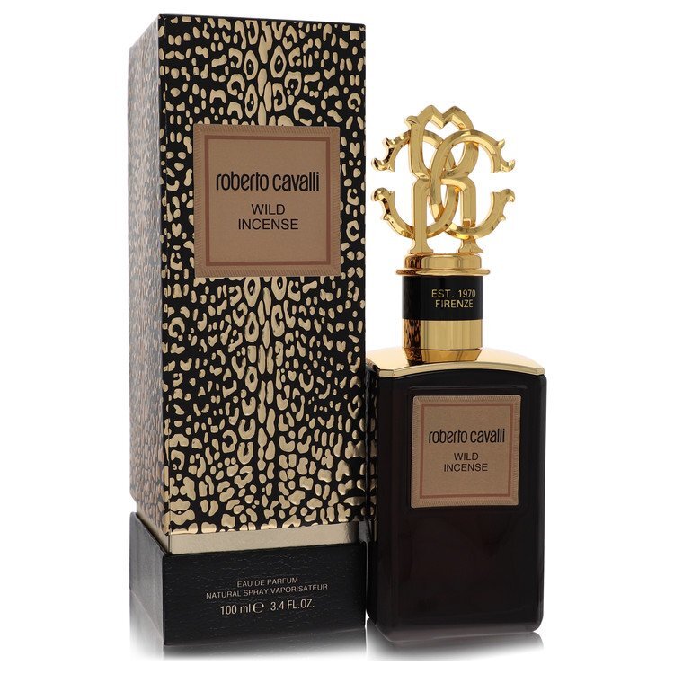 Roberto Cavalli Wild Incense Eau De Parfum Spray 3.4 oz bottle with elegant design, suitable for both women and men.