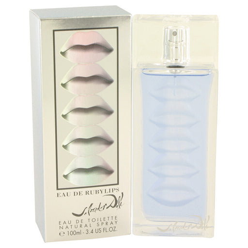 Salvador Dali Eau de Ruby Lips 3.4 oz Eau De Toilette Spray with a vibrant red lipstick design in a stylish bottle.