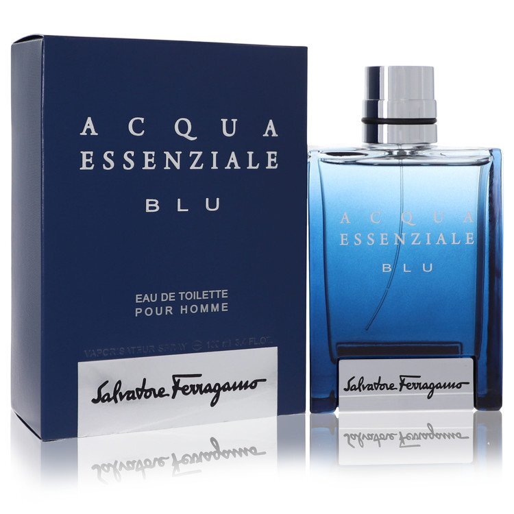 Salvatore Ferragamo Acqua Essenziale Blu Eau De Toilette Spray 3.4 oz bottle with blue design on a white background.