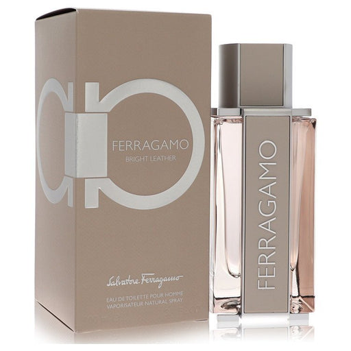 Bright Leather by Salvatore Ferragamo Eau de Toilette spray for men, 3.4 oz, featuring a sleek bottle with a silver cap.