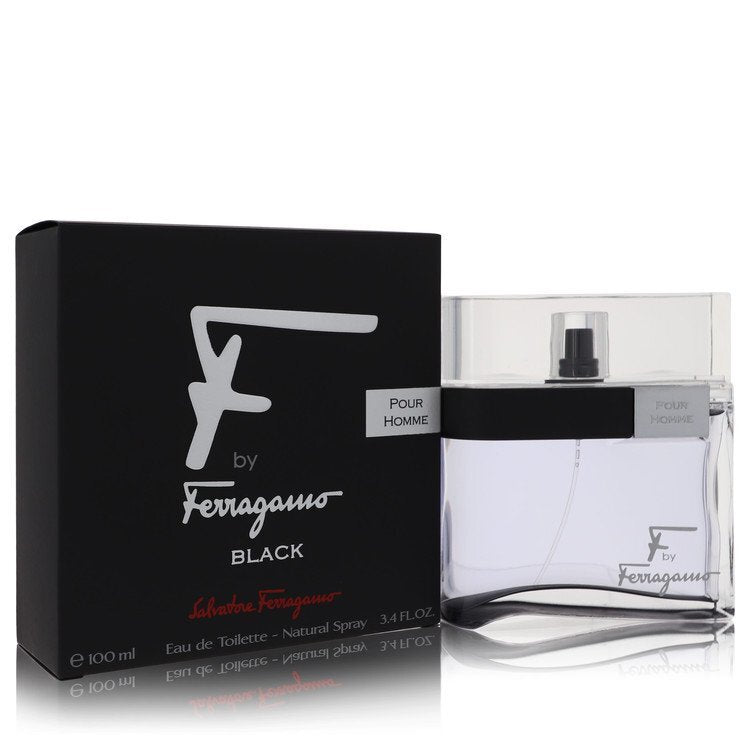 Salvatore Ferragamo F Black Eau De Toilette Spray 3.4 oz for men in a sleek black bottle with a modern design.
