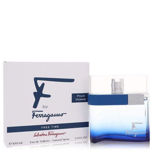 Salvatore Ferragamo F Free Time Eau De Toilette spray for men, 3.4 oz bottle with sleek packaging and brand logo.