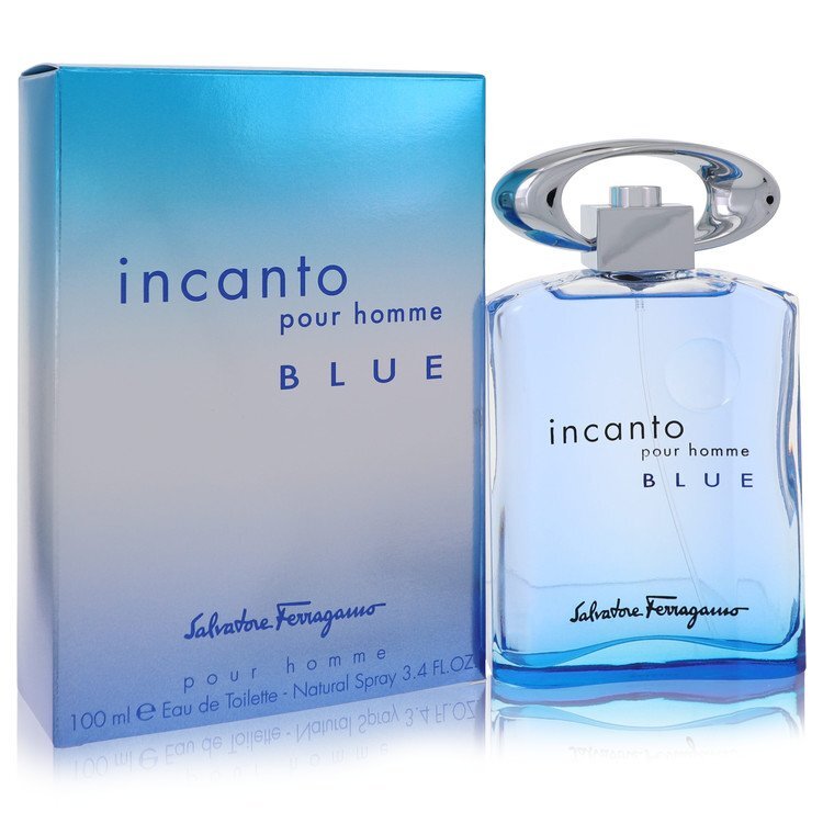 Salvatore Ferragamo Incanto Blue Eau De Toilette Spray 3.4 oz bottle with a sleek design and vibrant blue accents.