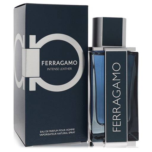 Salvatore Ferragamo Intense Leather Eau de Parfum spray for men, 3.4 oz bottle with dark packaging and elegant design.
