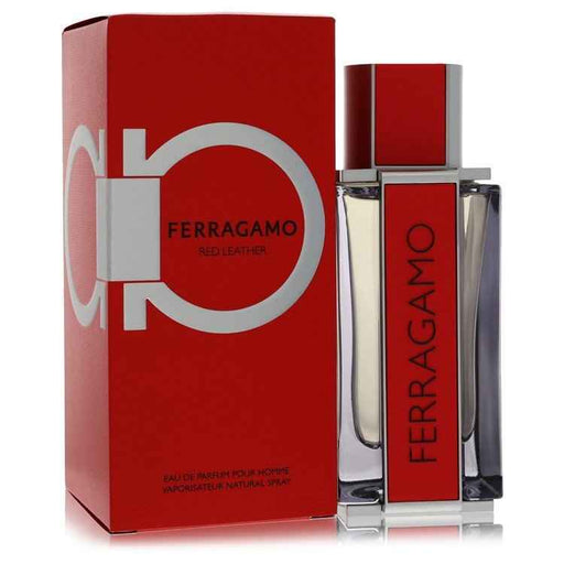 Red Leather by Salvatore Ferragamo men's Eau de Parfum spray, 3.4 oz, featuring a sleek red bottle and elegant design.