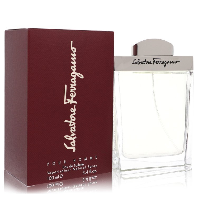 Salvatore Ferragamo Pour Homme Eau De Toilette spray for men, 3.4 oz bottle with a sleek design and silver cap.