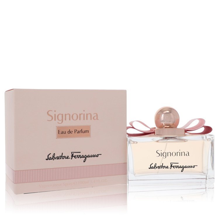 Salvatore Ferragamo Signorina Eau De Parfum spray bottle, 3.4 oz, elegant packaging for women.