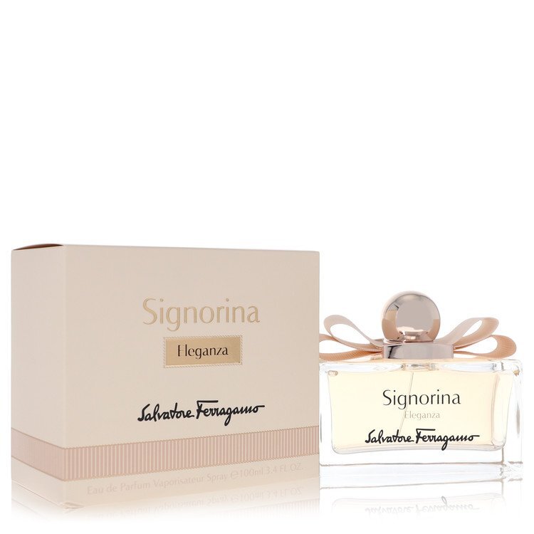 Salvatore Ferragamo Signorina Eleganza Eau de Parfum spray for women, 3.4 oz, featuring a sleek perfume bottle with elegant design.