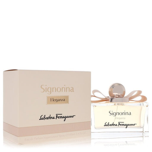 Salvatore Ferragamo Signorina Eleganza Eau de Parfum spray for women, 3.4 oz, featuring a sleek perfume bottle with elegant design.