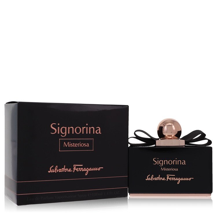 Salvatore Ferragamo Signorina Misteriosa Eau De Parfum spray for women, 3.4 oz bottle with elegant packaging.