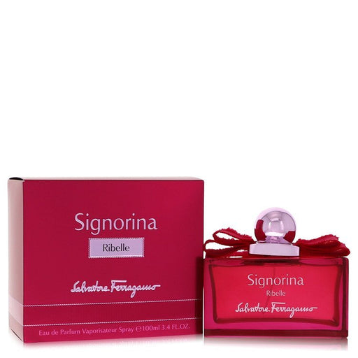 Salvatore Ferragamo Signorina Ribelle Eau de Parfum spray bottle for women, 3.4 oz, with elegant packaging and floral design