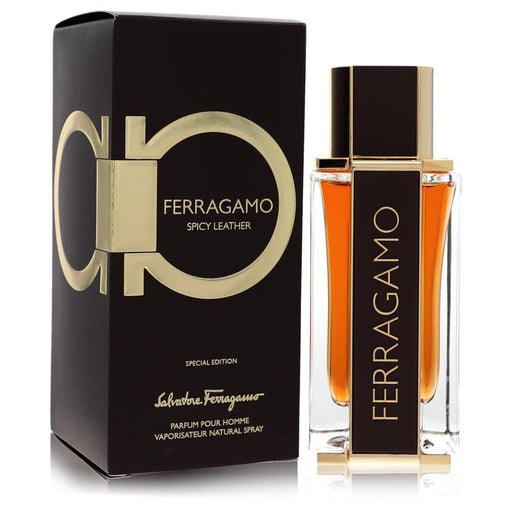 Salvatore Ferragamo Spicy Leather Eau de Parfum spray for men, 3.4 oz bottle with sleek design and dark glass packaging.