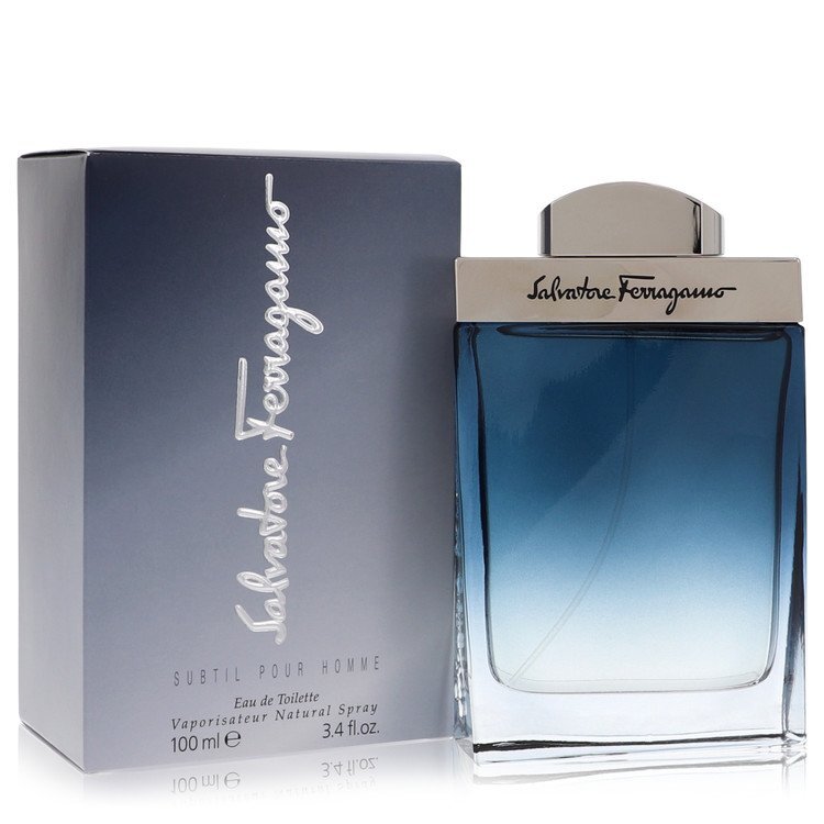 Subtil by Salvatore Ferragamo 3.4 oz Eau De Toilette Spray for men, featuring sleek bottle design and elegant packaging.