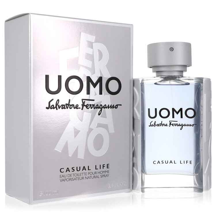 Salvatore Ferragamo Uomo Casual Life Eau De Toilette spray bottle, 3.4 oz, with a sleek fragrance bottle design.