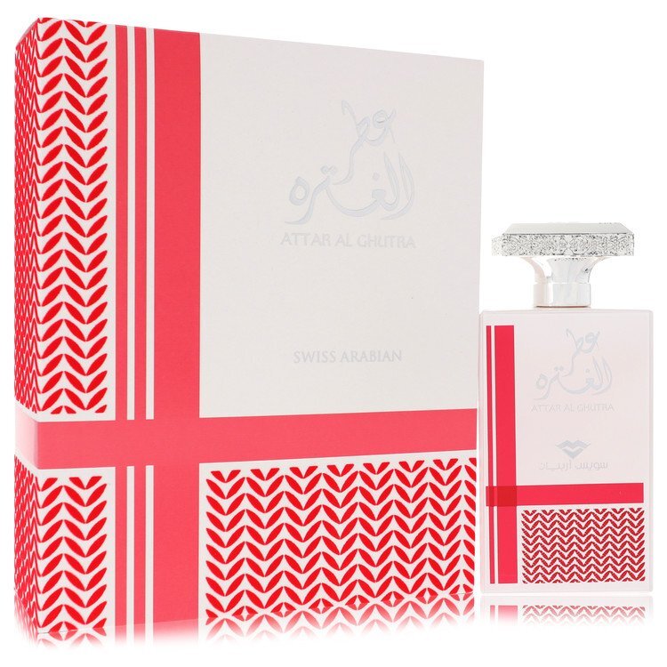 Attar Al Ghutra by Swiss Arabian 3.4 oz Eau De Parfum Spray for men in an elegant bottle on a neutral background.