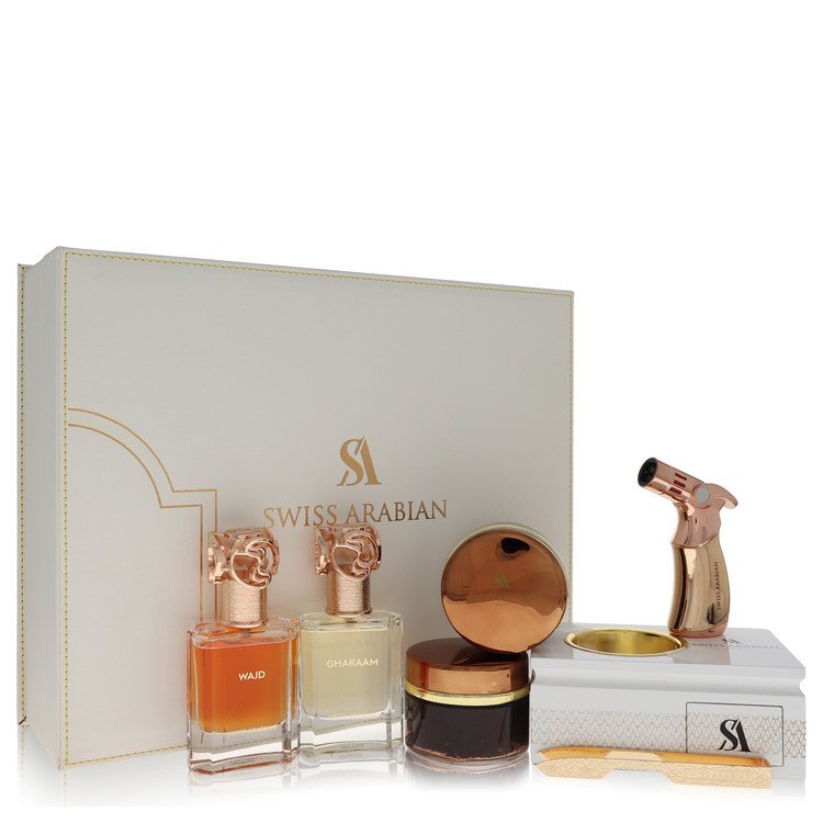 Bakhoor Dukhoon Al Haram gift set by Swiss Arabian featuring elegant packaging and aromatic incense for men.