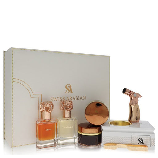 Bakhoor Dukhoon Al Haram gift set by Swiss Arabian featuring elegant packaging and aromatic incense for men.