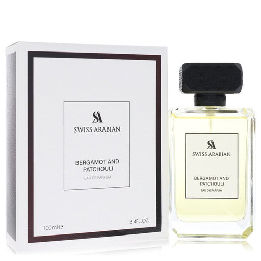 Swiss Arabian Bergamot and Patchouli Eau De Parfum spray, 3.4 oz, for men and unisex, featuring citrus and woody fragrance notes.