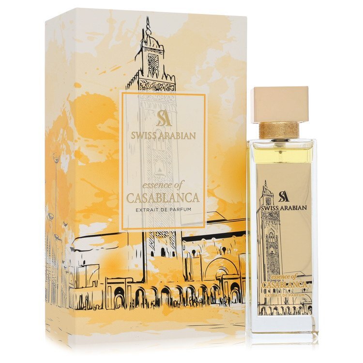 Swiss Arabian Essence of Casablanca Extrait De Parfum spray for women and unisex, 3.4 oz, elegant fragrance bottle.