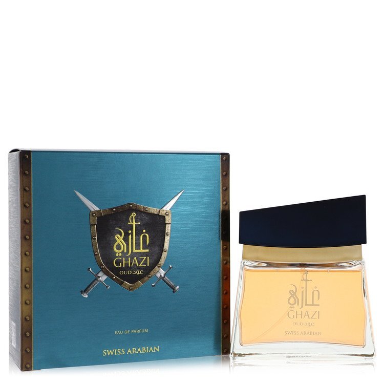 Ghazi Oud by Swiss Arabian Eau De Parfum Spray 3.4 oz for men in an elegant bottle with a dark design.