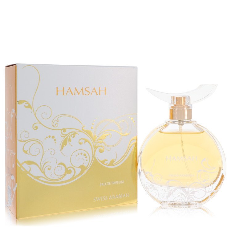 Hamsah by Swiss Arabian 2.7 oz Eau De Parfum Spray for women in an elegant bottle on a neutral background.
