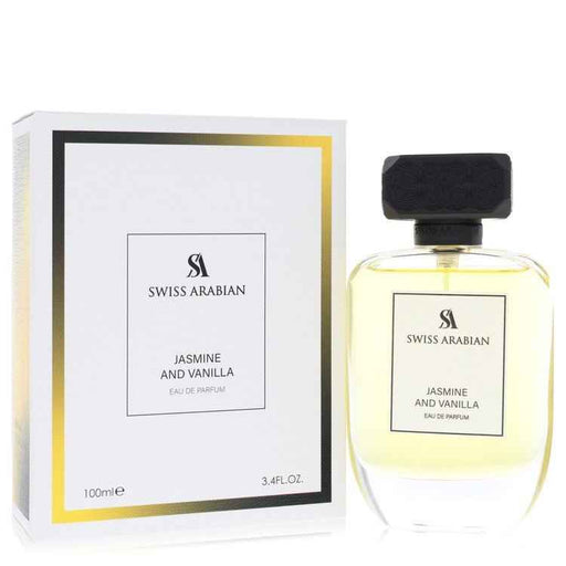 Swiss Arabian Jasmine and Vanilla Eau De Parfum spray for women, 3.4 oz bottle with a floral and vanilla-scented fragrance.