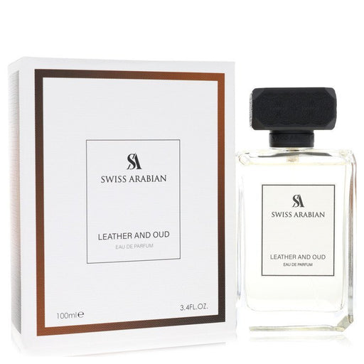 Swiss Arabian Leather and Oud Eau De Parfum spray 3.4 oz for men and unisex, featuring dark leather and oud fragrance notes.