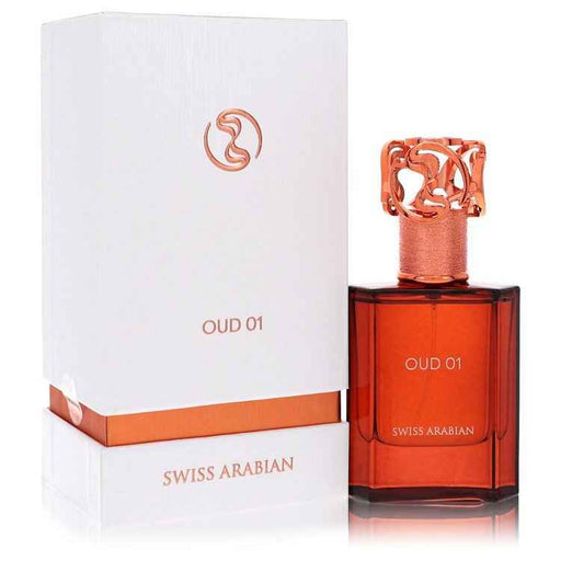 Swiss Arabian Oud 01 Eau De Parfum spray for men and unisex, 1.7 oz bottle with elegant packaging.