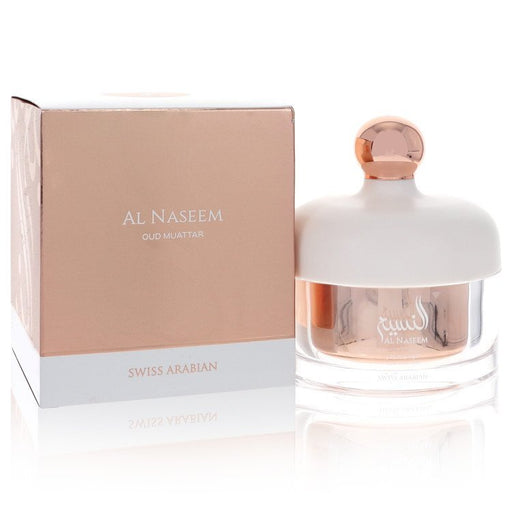 Oud Muattar Al Naseem incense by Swiss Arabian in a 1.7 oz container, showcasing a luxurious fragrance for all.