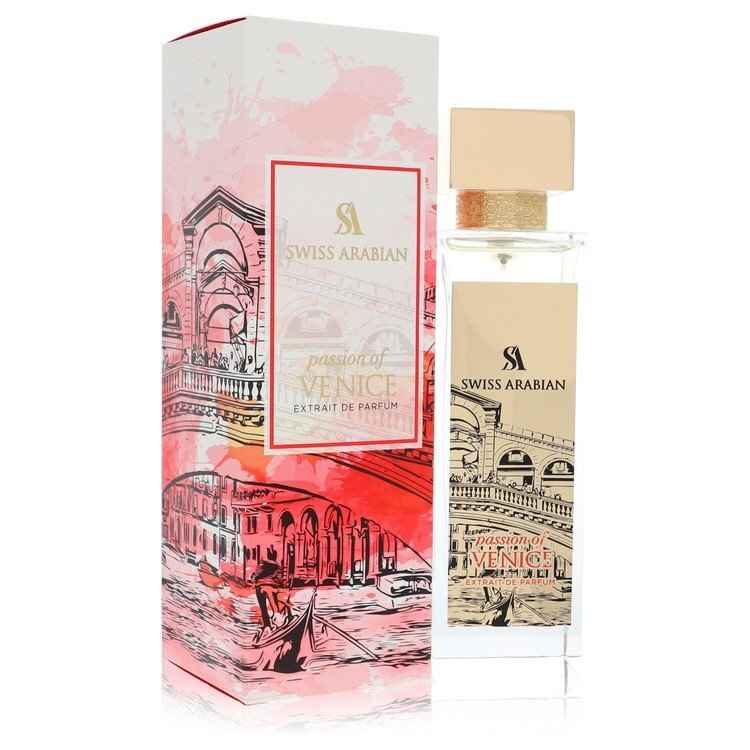 Swiss Arabian Passion of Venice extrait de parfum bottle for women and unisex, 3.4 oz, with elegant gold accents and floral design.