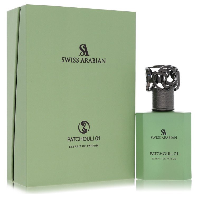 Patchouli 01 by Swiss Arabian extrait de parfum spray, 1.7 oz, featuring a dark glass bottle with a silver spray cap.
