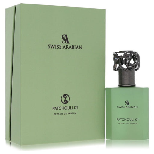 Patchouli 01 by Swiss Arabian extrait de parfum spray, 1.7 oz, featuring a dark glass bottle with a silver spray cap.