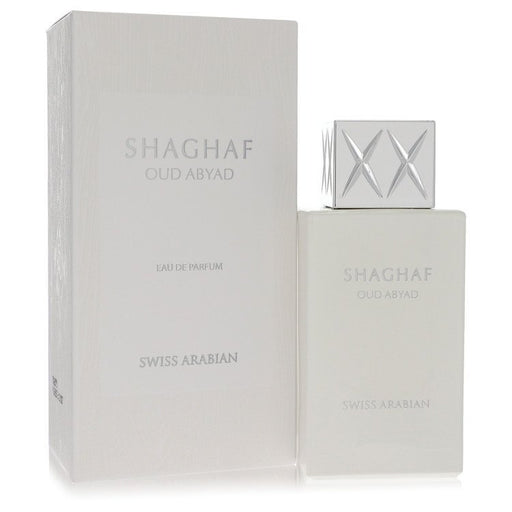 Swiss Arabian Shaghaf Oud Abyad Eau De Parfum spray 2.5 oz for men and unisex, featuring elegant packaging and fragrance bottle.