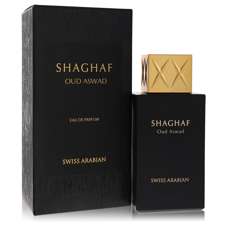 Swiss Arabian Shaghaf Oud Aswad Eau De Parfum spray for women, 2.5 oz bottle with elegant packaging.