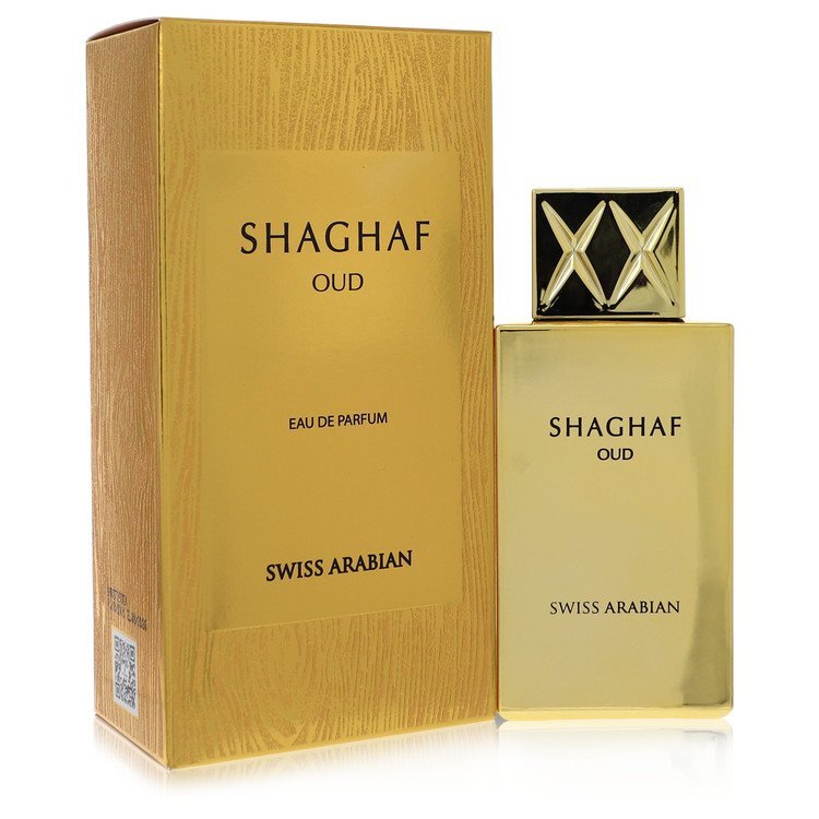 Swiss Arabian Shaghaf Oud Eau De Parfum spray for women, 2.5 oz bottle with elegant packaging and golden accents.