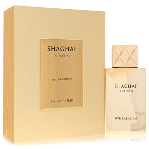 Swiss Arabian Shaghaf Oud Elixir Eau De Parfum spray for women and unisex, 2.5 oz bottle, featuring luxurious oud fragrance.