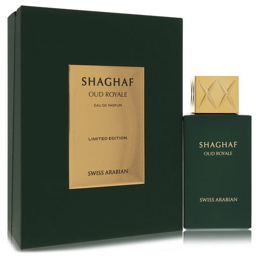 Swiss Arabian Shaghaf Oud Royale Eau De Parfum spray for men and unisex, 2.5 oz bottle with elegant packaging.