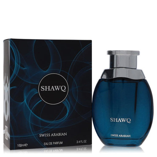 Shawq by Swiss Arabian 3.4 oz Eau De Parfum Spray for men and women in an elegant bottle on a neutral background.