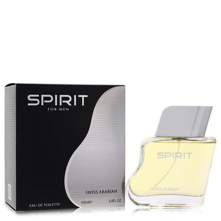 Swiss Arabian Spirit Eau De Toilette Spray 3.4 oz for men in a sleek bottle with a minimalist design.
