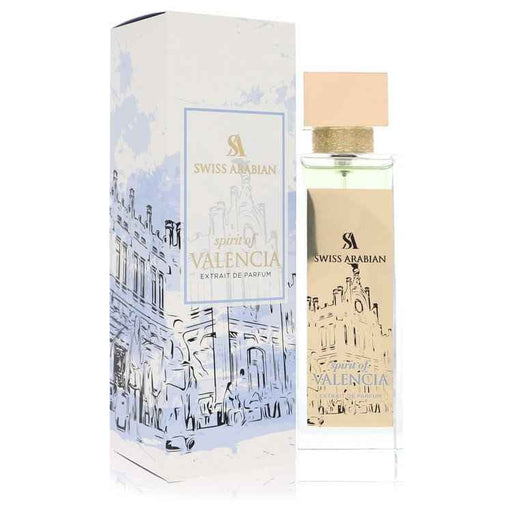 Spirit of Valencia by Swiss Arabian Extrait De Parfum spray for men and unisex, 3.4 oz, elegant perfume bottle and packaging.