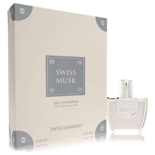 Swiss Arabian Swiss Musk Eau De Parfum spray for men and unisex, 1.5 oz bottle with sleek design.