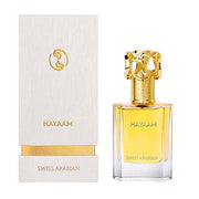 Swiss Arabian Hayaam unisex Eau De Parfum 1.7 oz bottle, elegant glass container with fragrance cap, suitable for women and men.