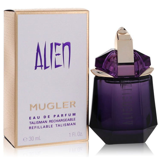 Thierry Mugler Alien Eau De Parfum Spray 1 oz bottle with a unique, jewel-like design and purple accents.