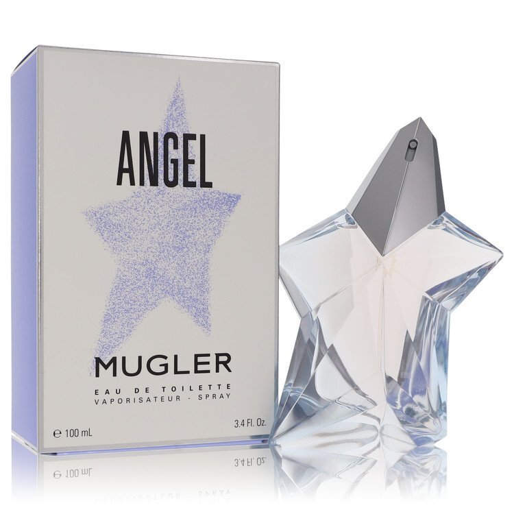 Angel by Thierry Mugler 3.4 oz Eau De Toilette Spray for women in a star-shaped bottle against a neutral background.