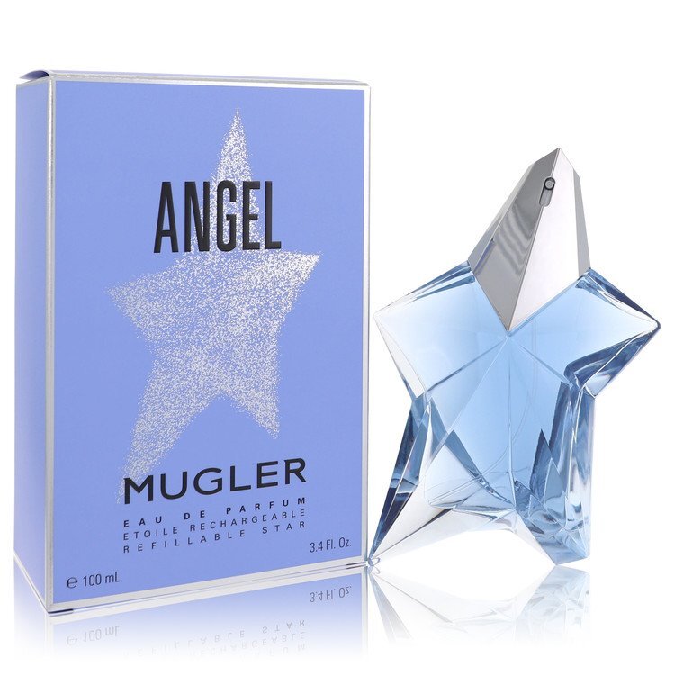 Refillable 3.4 oz Angel by Thierry Mugler Eau De Parfum spray bottle for women with star-shaped design.