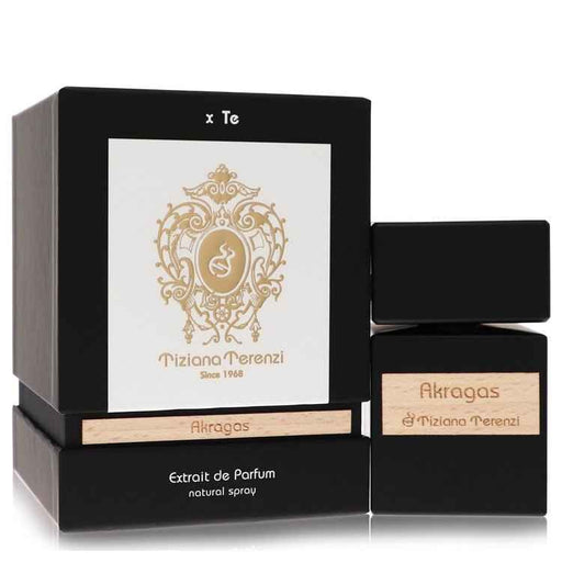 Akragas by Tiziana Terenzi unisex extrait de parfum spray bottle, 3.4 oz, elegant packaging with a sophisticated fragrance.