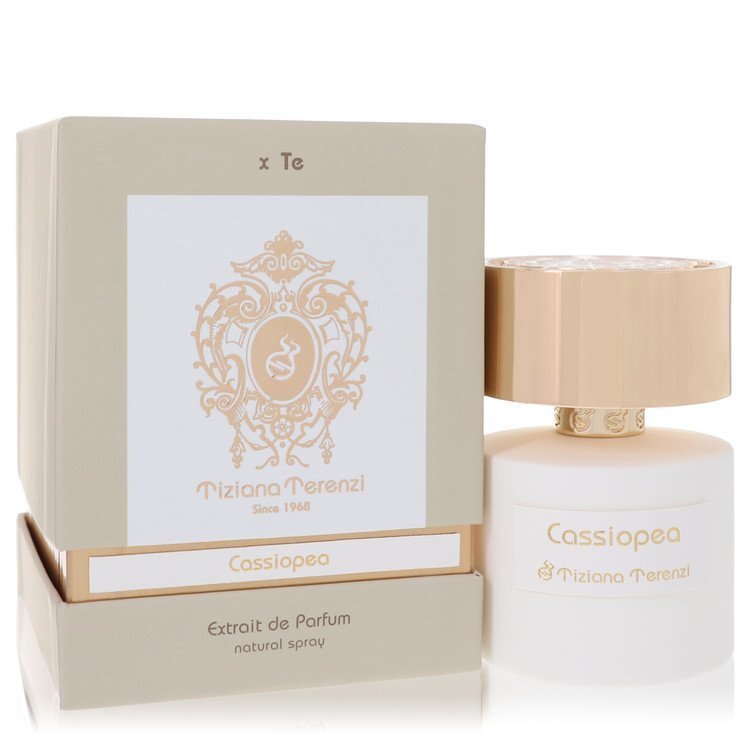 Cassiopea by Tiziana Terenzi 3.38 oz Extrait De Parfum spray bottle with elegant design, suitable for both women and men.
