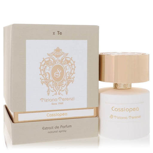 Cassiopea by Tiziana Terenzi 3.38 oz Extrait De Parfum spray bottle with elegant design, suitable for both women and men.